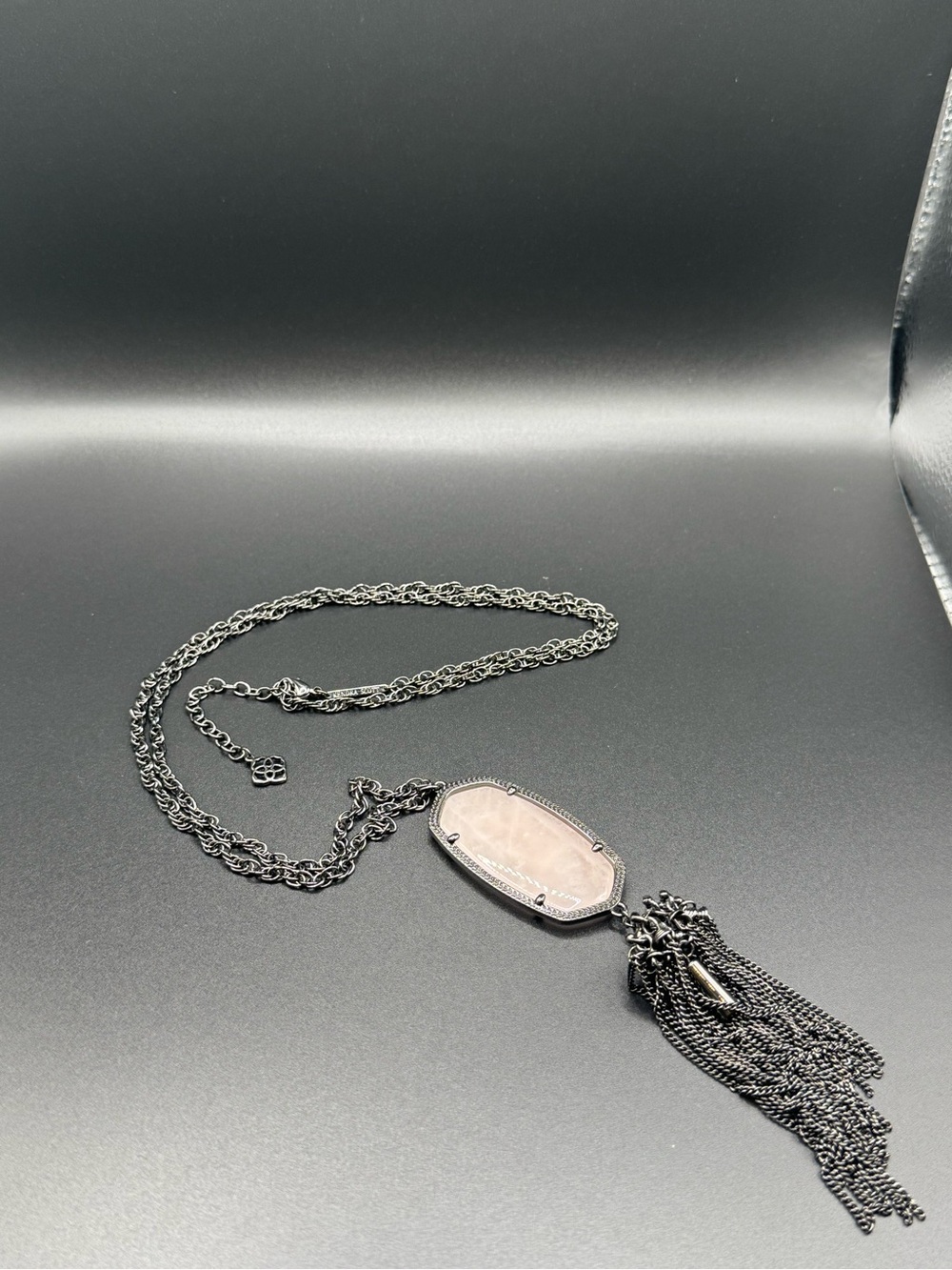Kendra Scott Gunmetal Rayne Rose Quartz Rassel Necklace